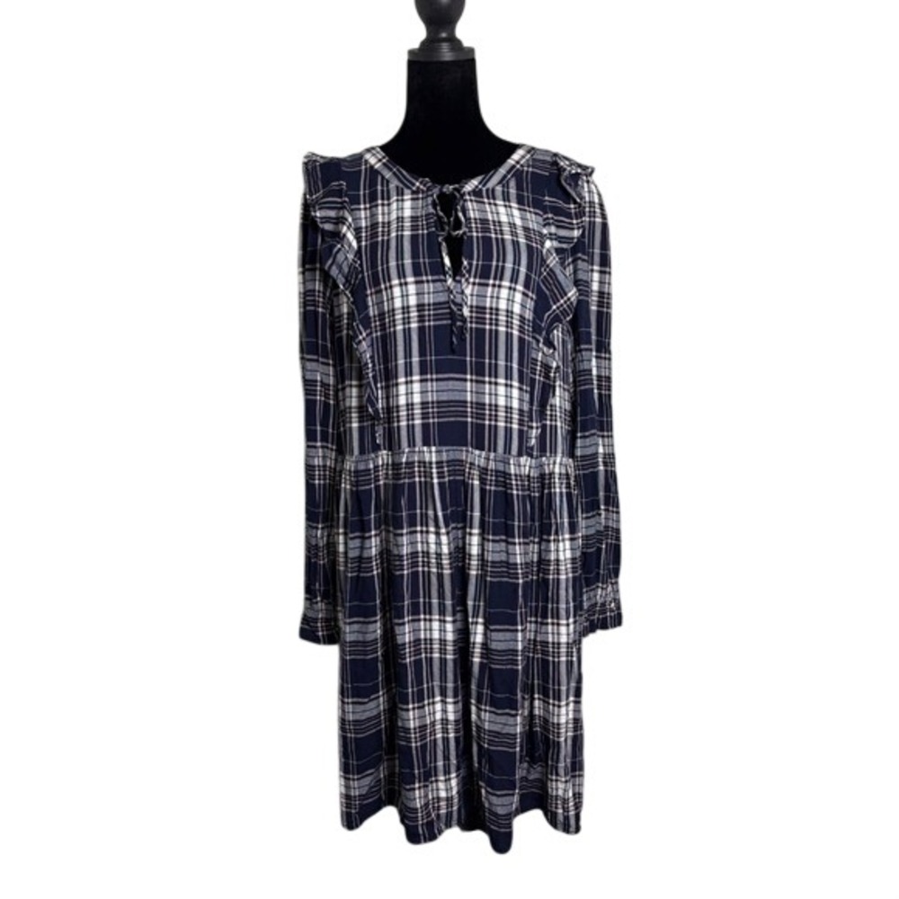 LOFT Plaid Babydoll Dress Women Medium Navy Blue Excellent Ruffle Long Sleeve